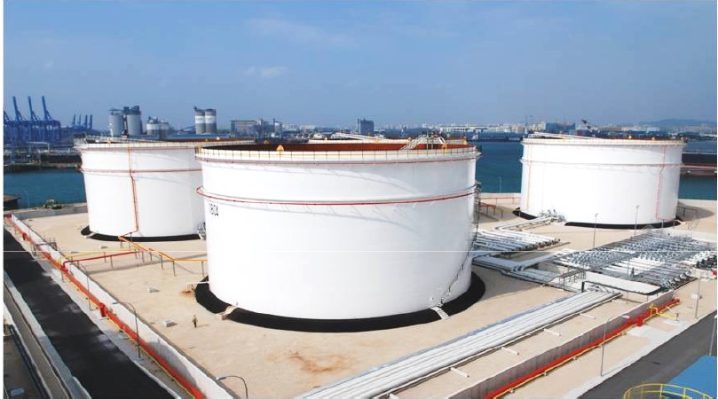 Aerial view of the TES bulk liquid storage tank farm beside the water