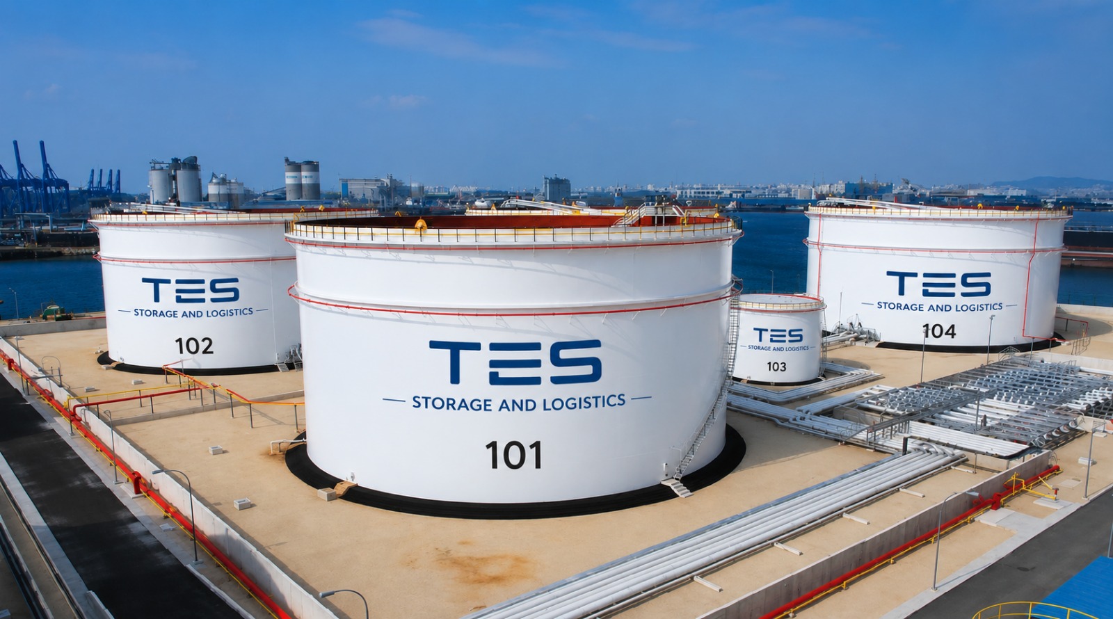 TES Storage and Logistics branded bulk storage tanks at the Botlek terminal